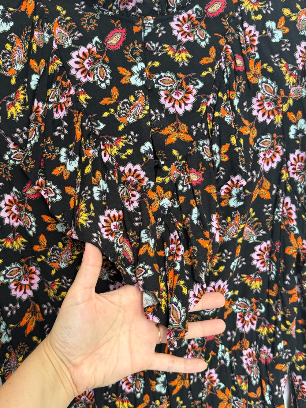 Long Sleeve Floral Ruffle Dress - Black with Pink & Orange Floral - Picture 7 of 11